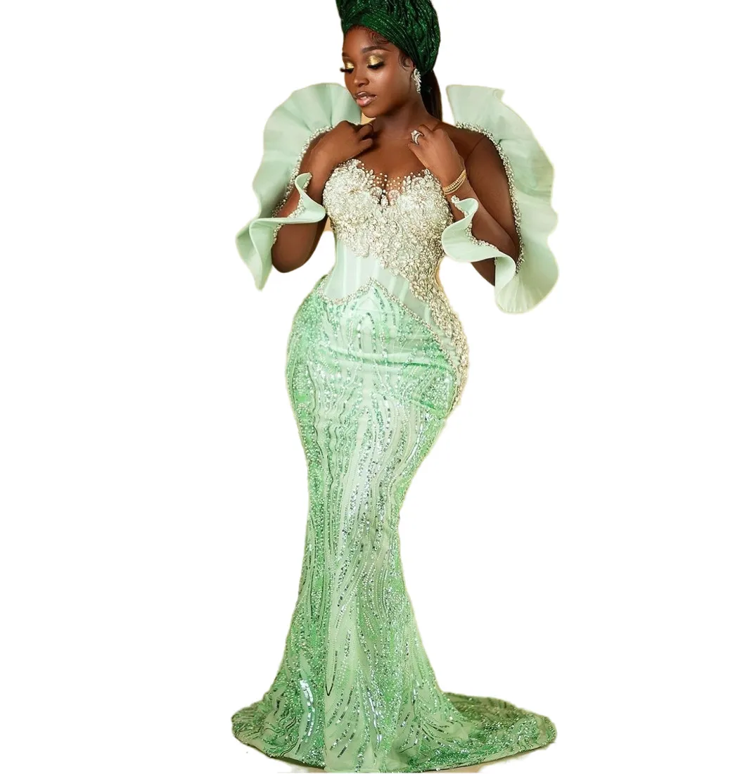 2024 Plus Size Mermaid Mint Prom Dresses Beaded Crystals Evening Formal Party Second Engagement Birthday Gowns Dress ZJ18