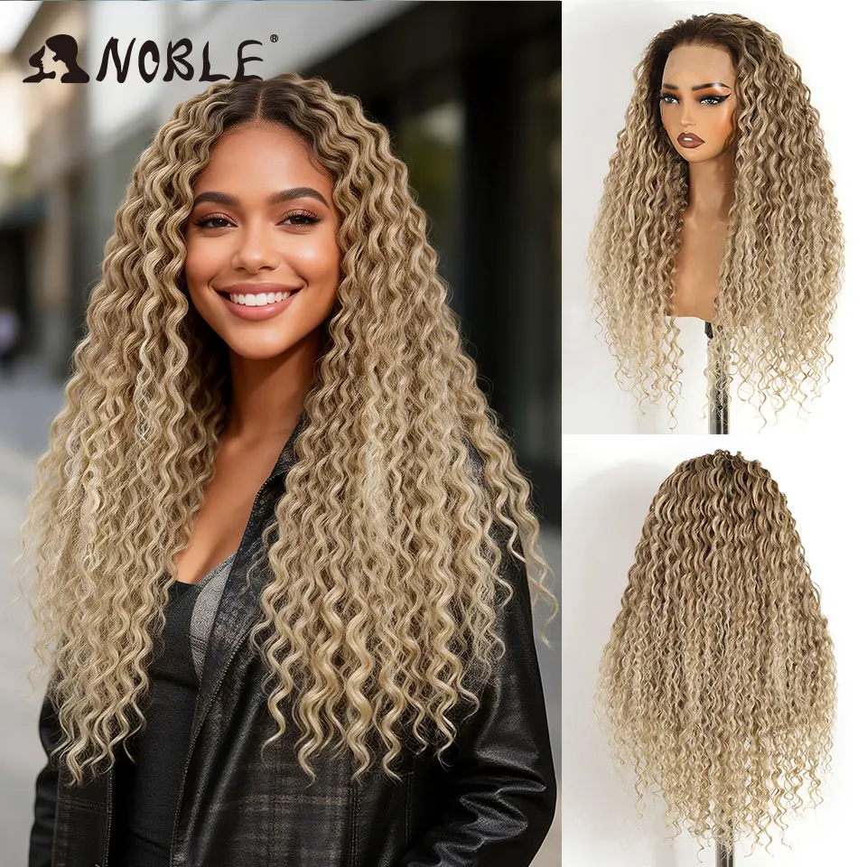 

Синтетический парик Noble с кружевной передней частью, 26 дюймов, 13x6, кудрявый, омбре, платиново-русый, для женщин, с двумя прядями, без клея, готовый к носке