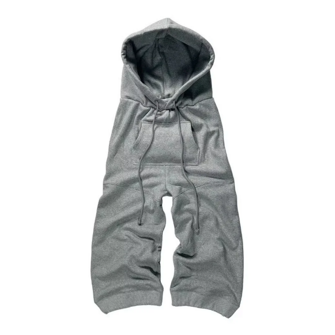 

American Vintage Harajuku Style Streetwear Wide Leg Trousers with Attached Hood and Adjustable Drawstring in Neutral Tones