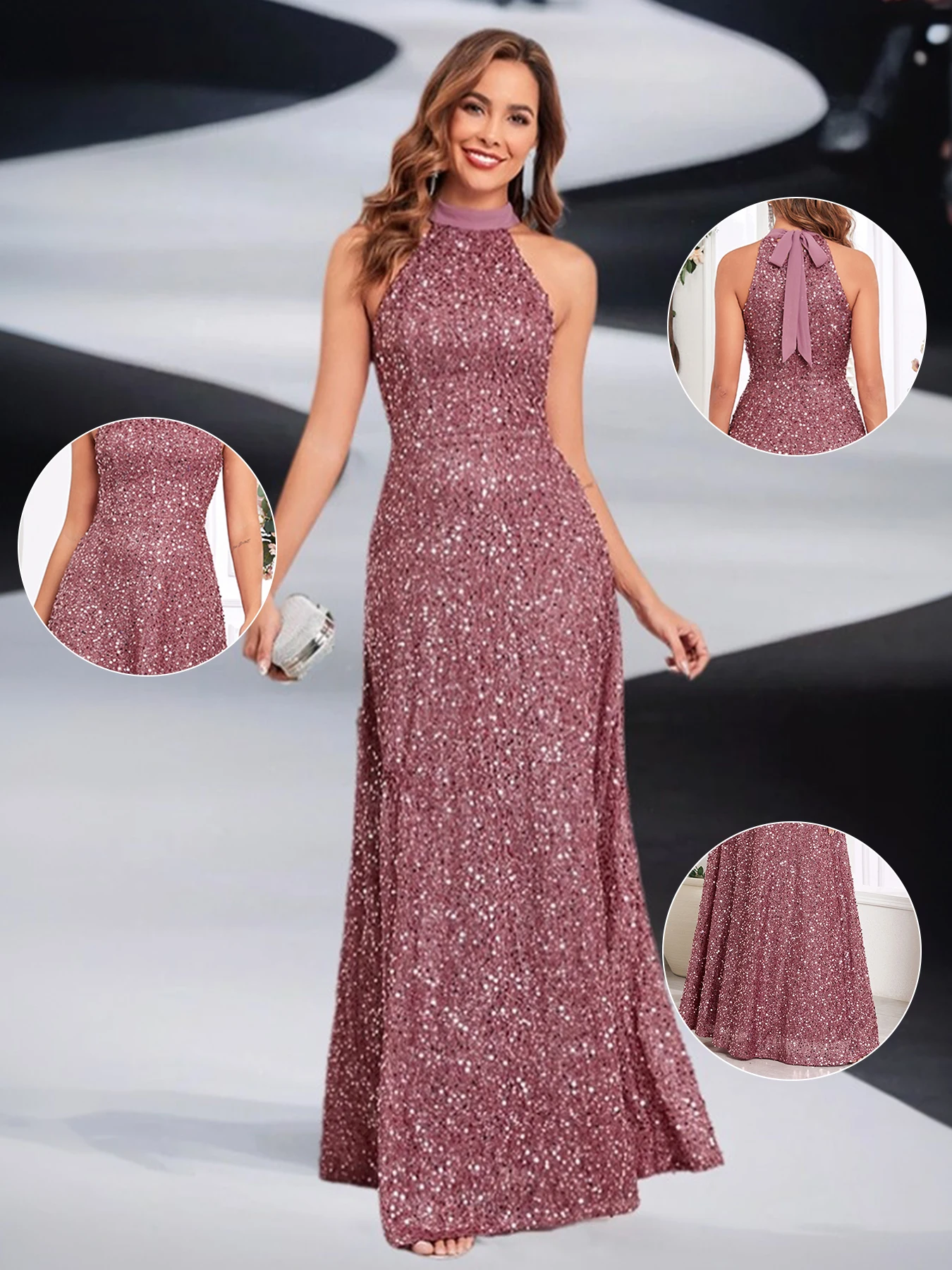 Diseño halter lleno de vestido largo con purpurina, estilo modelo elegante, adecuado para fiestas, graduación, ocasiones de cena para adultos