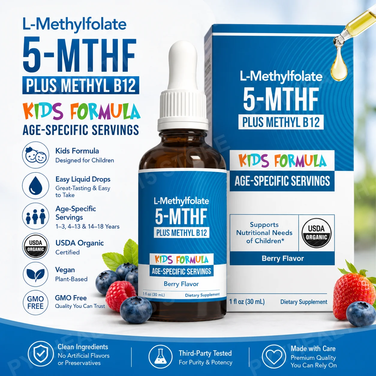 Kids L-Methylfolate 5-MTHF Liquid Drops with Methyl B12, Berry Flavor Folate Supplement, Daily Nutrition Support, 30ml