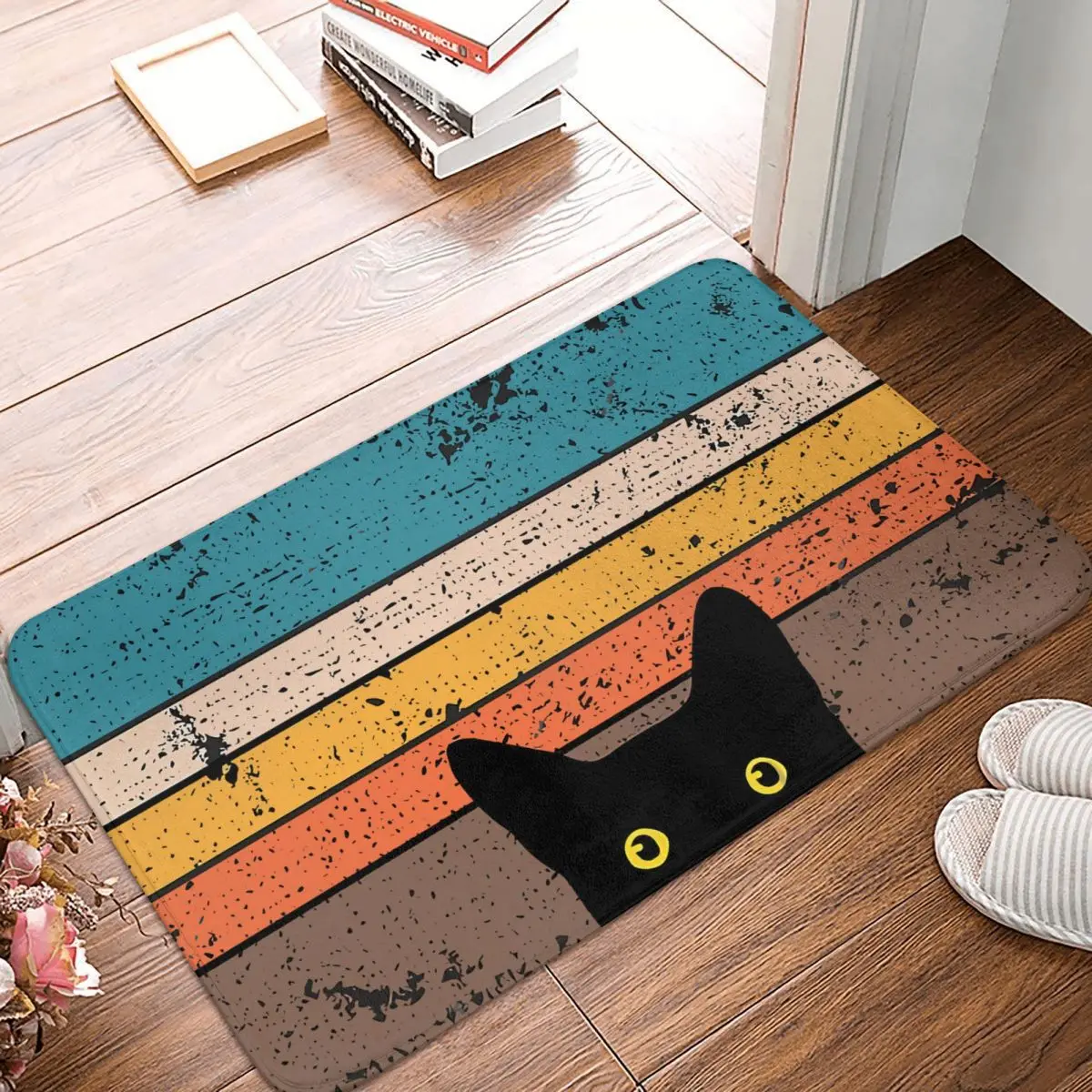 Peeking Cat In Retro Circle Non-slip Doormat Carpet Living Room Kitchen Mat Outdoor Flannel Decor