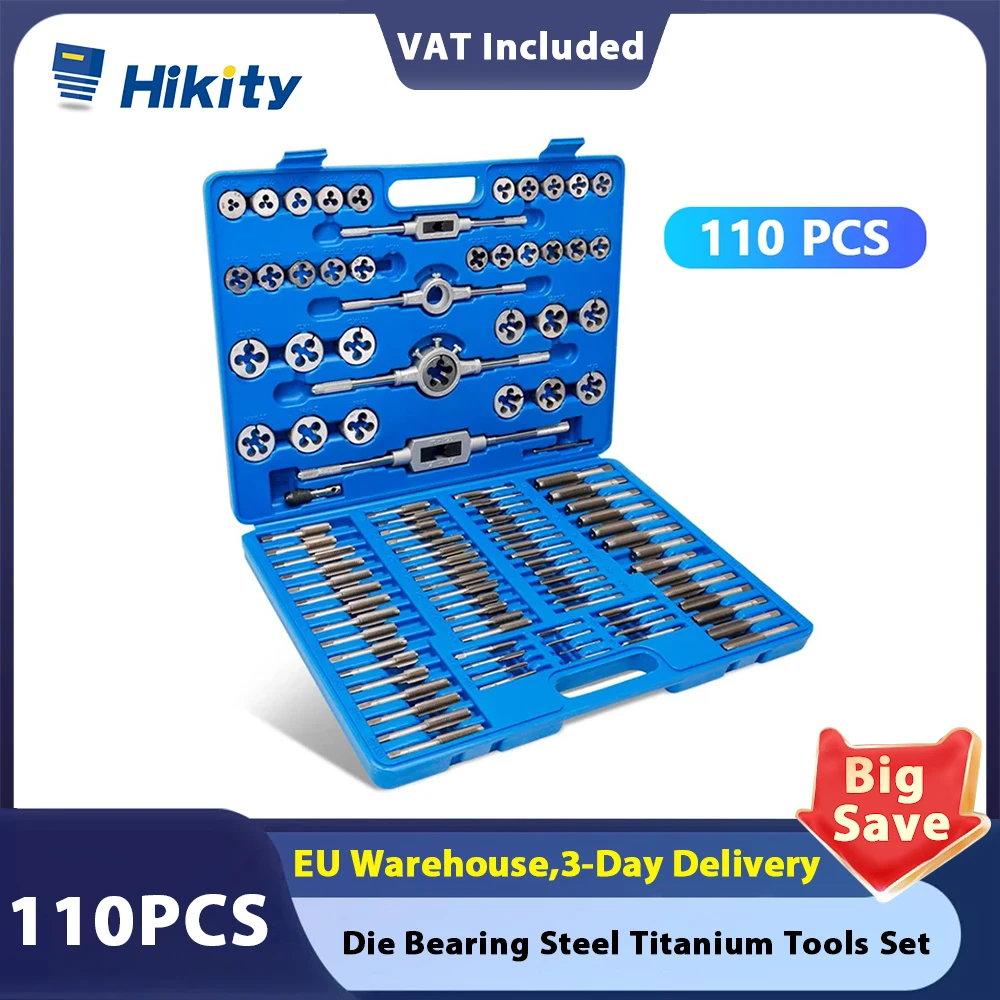 Hikity 110pcs Tap and Die Bearing Steel Titanium Tools Set Hand Threading Tool Aggregate Screw Tap Thread for Repairing Cutting