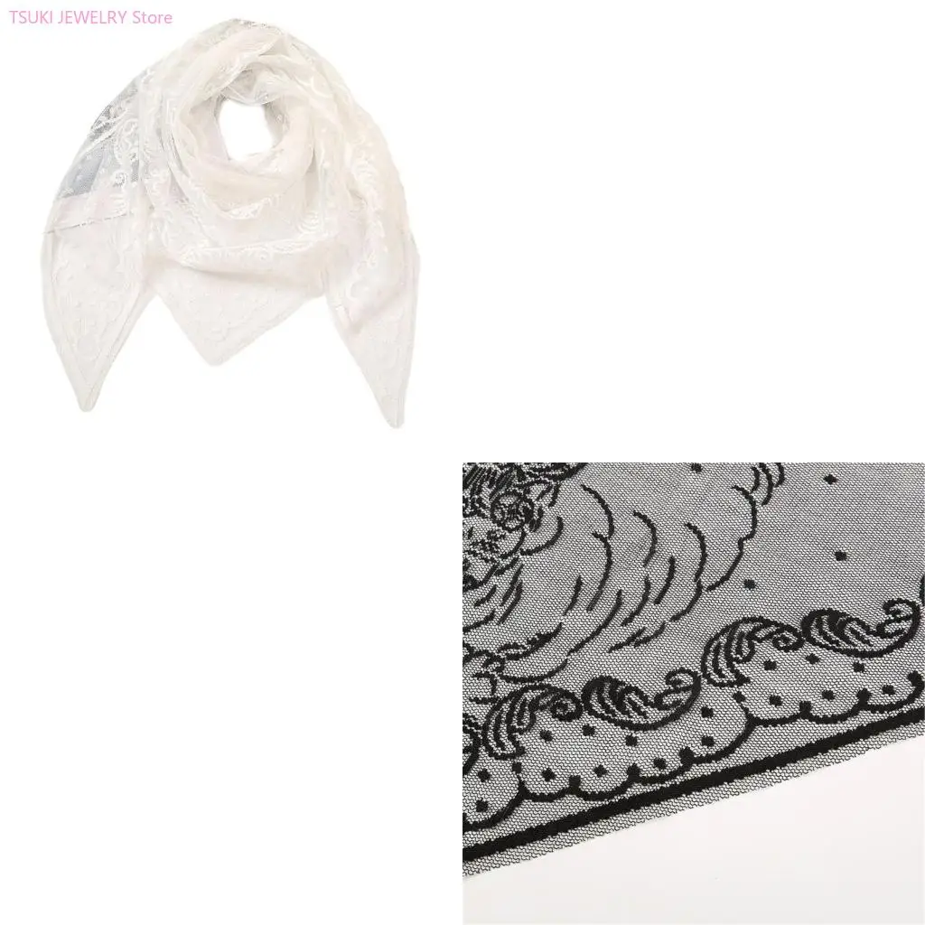

62KE Delicate Lace Headscarf for Muslims Women and Church Pray Floral Mantilla Rose Pattern Lace Veils Headscarf