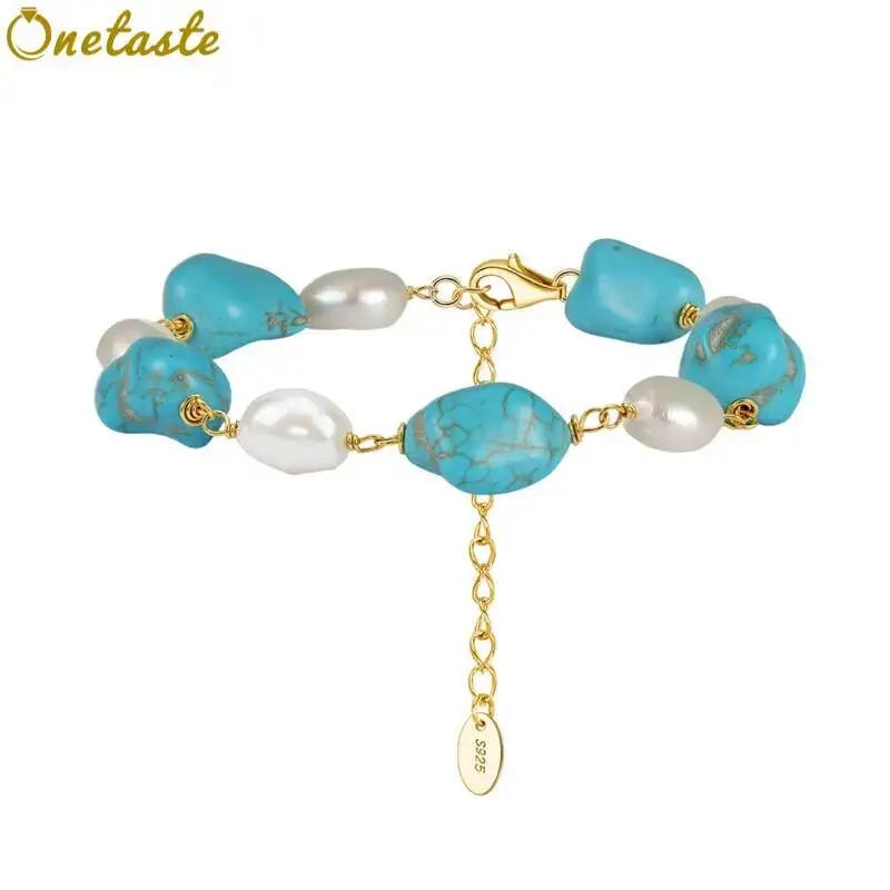 

Turquoise Stone White Pearl Strand Bracelets Women 925 Silver Gold Plated Unique Trendy 16.5cm Adjustable Bracelet Party Gift