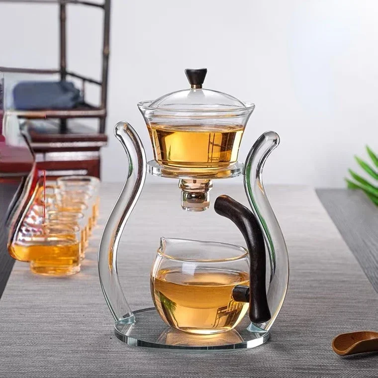 Glass Automatic Lazy Tea Set  Crystal Glass Teapot Set Heater Magnetic Rotating Cover Kung Fu Heat-Resistant Teapot 6 Cups