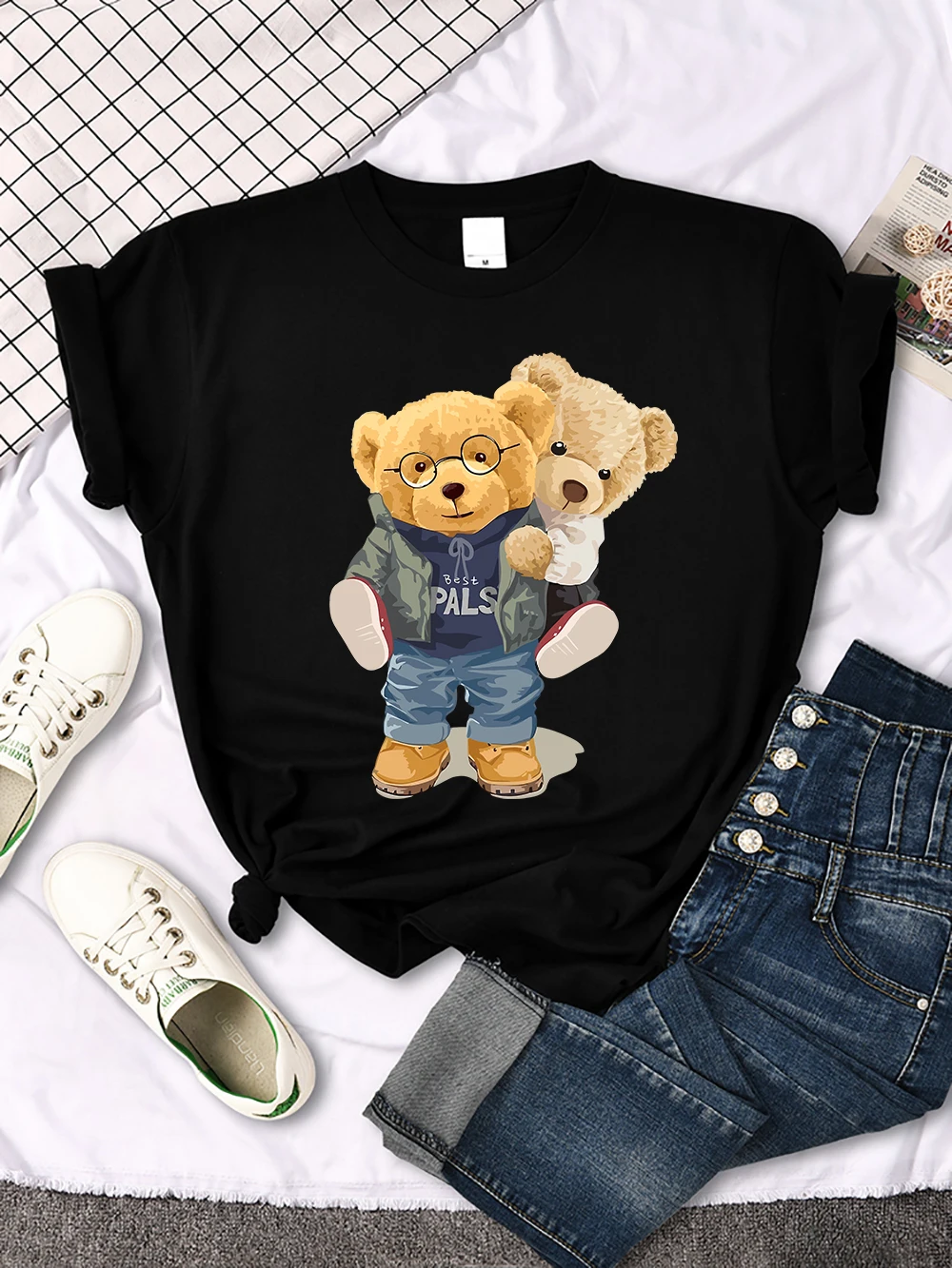 We Are Best Friends Cute Bear T-Shirt Women Summer Tops Street Vintage Casual Fashion Harajuku Kawaii Women's Y2K Clothing