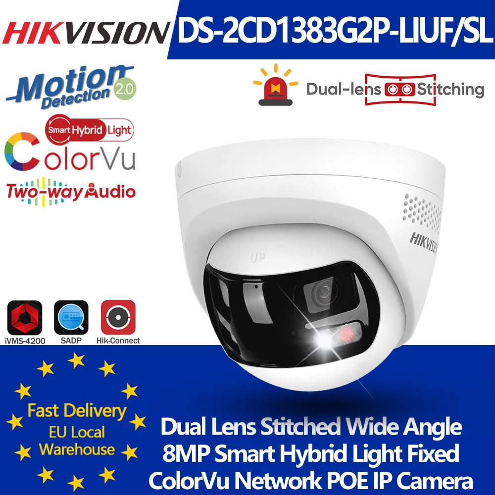 هيكفيجن DS-2CD1383G2P-LIUF/SL 8MP 4K عدسة مزدوجة مخيط 180 °   كاميرا IP شبكية POE ذات زاوية واسعة وإضاءة هجينة ذكية وصوت MD 2.0