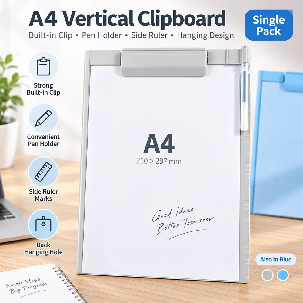 1pc A4 Hard Plastic Clipboard with Wide Clip, Pen Holder, Side Ruler & Hanging Design for Office, School, Home and Meetings