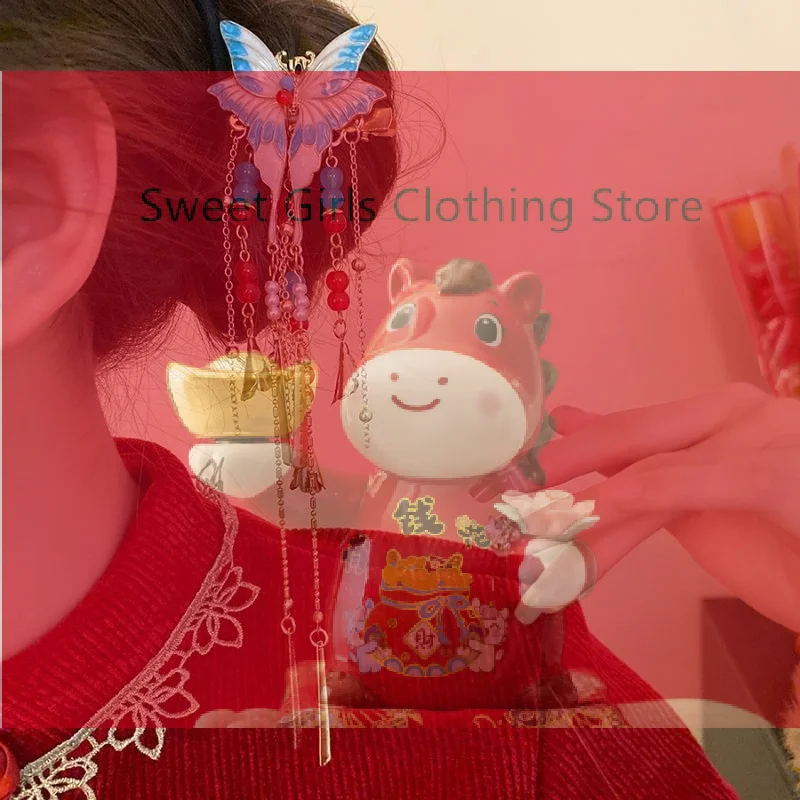 

【XJ】Chinese Style Enamel Butterfly Tassel Hairpin Women's Hanfu Ancient Style Side Clip Hair Accessory
