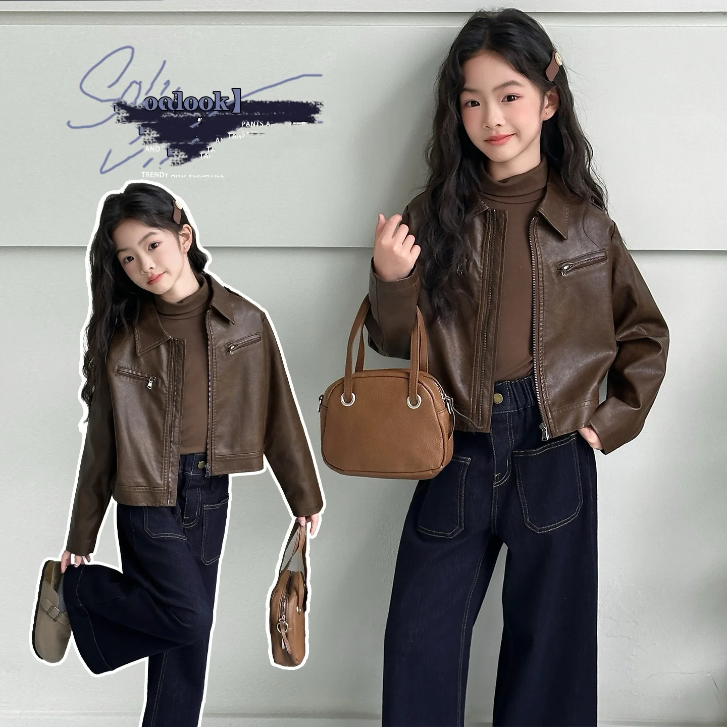 

New Spring Autumn Kid PU Leather Jacket Ages 4-14Y Girl Casual Fashion Coat Tween Girl Vintage Outwear Child Korean Style Jacket