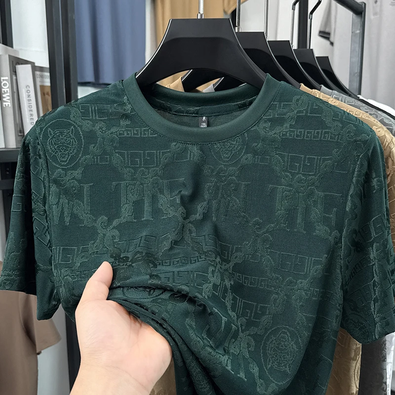 Herren Kurzarm-T-Shirts mit diskretem Jacquardmuster, Rundhalsausschnitt, lockerer Passform, knitterarm, leicht, modische Oberteile für Männer – Detail 3