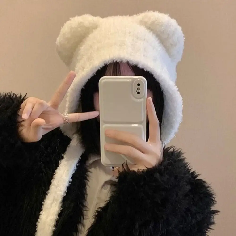 Soft Lace-up Bear Ears Knit Hat Warm Slouchy Ear Protection Hat Fleece Lined Thick Beanie Cap Winter