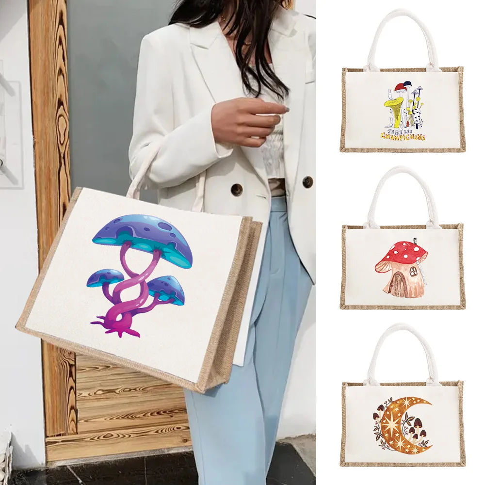 

Shopper Bag Vintage Tote Bags Portable Large Capacity Commuting Shoulder Bag Linen Handbag Mushroom Printing