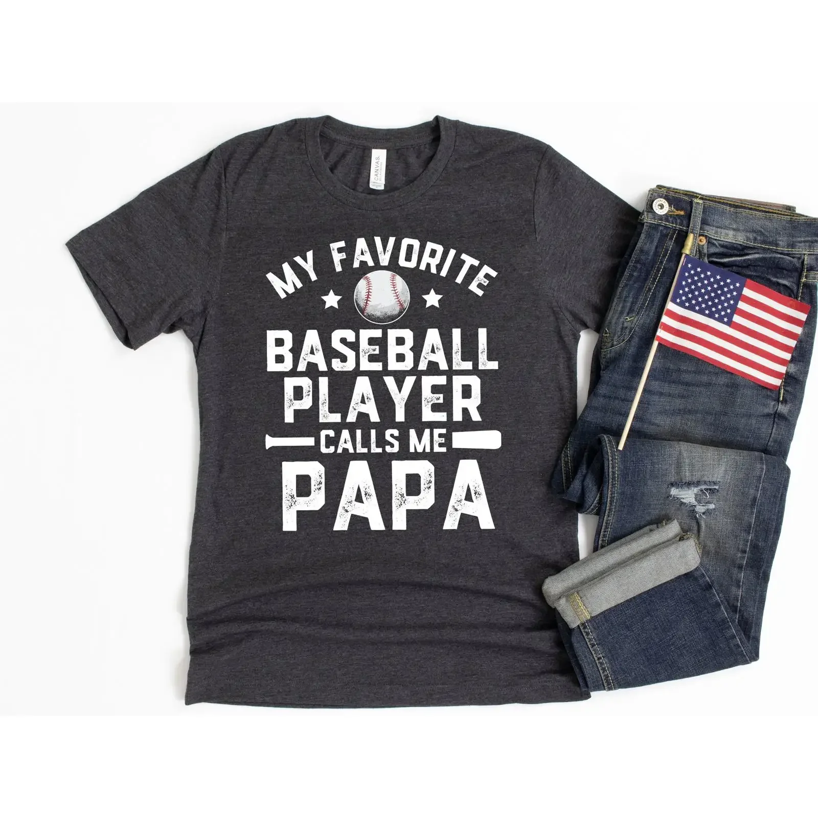 Baseball T Shirt for Papa My Favorite Player Calls Me Fathers Day from Grandson  vintage Washed Stylish Comfortable homme Soft