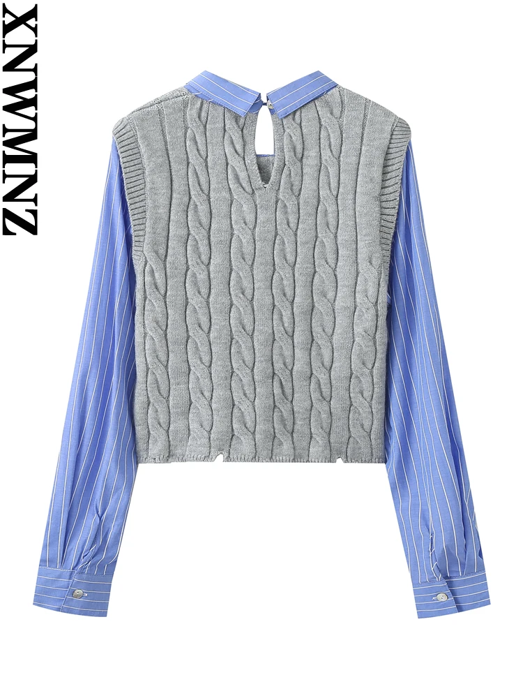 XNWMNZ Women\'s Fashion 2023 Autumn/Winter Contrast Cable-knit Splice Sweater Women Poplin Long Sleeve Versatile Female Pullover