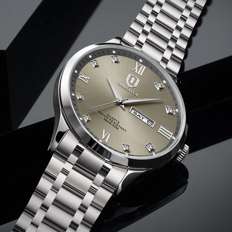 Qingxiya marca de moda relógio masculino à prova dwaterproof água luminosa aço inoxidável duplo calendário exibição relógios quartzo masculino reloj hombre