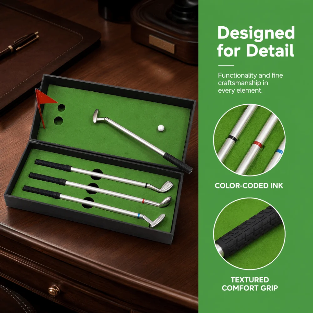 7PCS Smooth Writing Golfers Pen Set Ergonomic Grip Simulated Mini Design Golfers Ball Pen Ball Pen Tip Putting Green Base