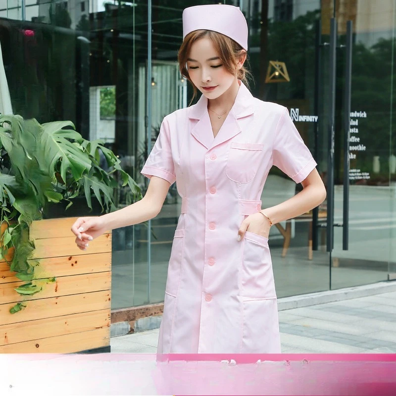 

Pink Blue Slim Fit Nurse Uniform Long Sleeve White Coat Doctor Workwear Embroidery