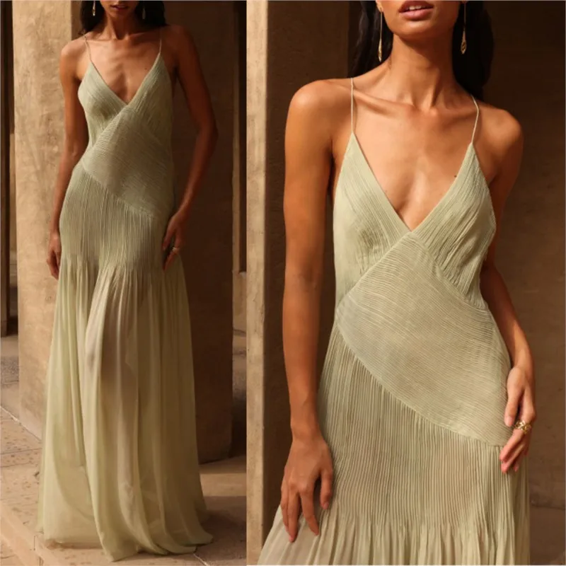 

2024 Spring/Summer New Solid Color Folded Strap Open Back Perspective Dress for Women's Leisure Vacation Loose Evening Dress