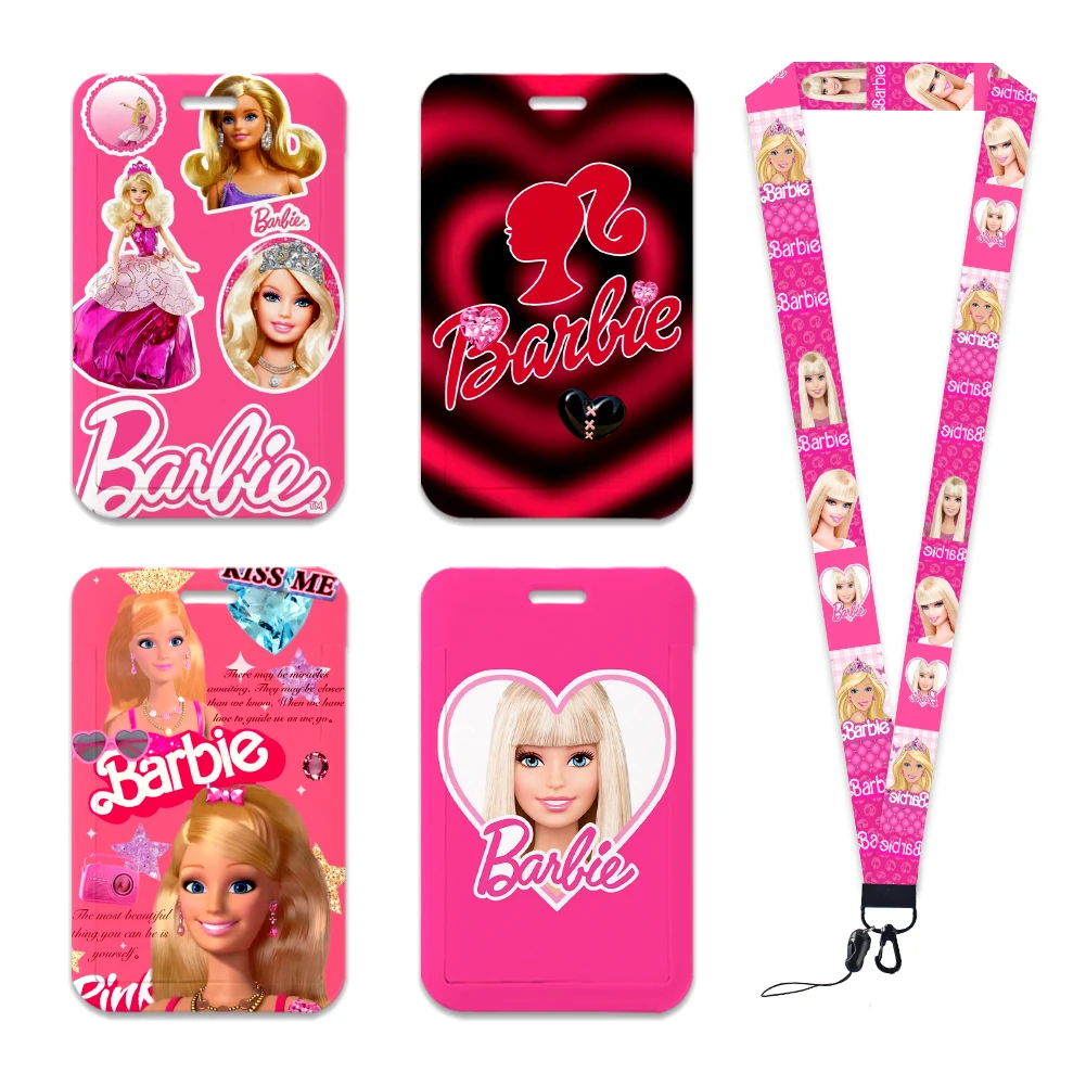 Barbie Girls Cute Cartoon Student Card Set Creative Retractable Bus Card Access Control Santi-lost Schoolbag Hanging Keychain