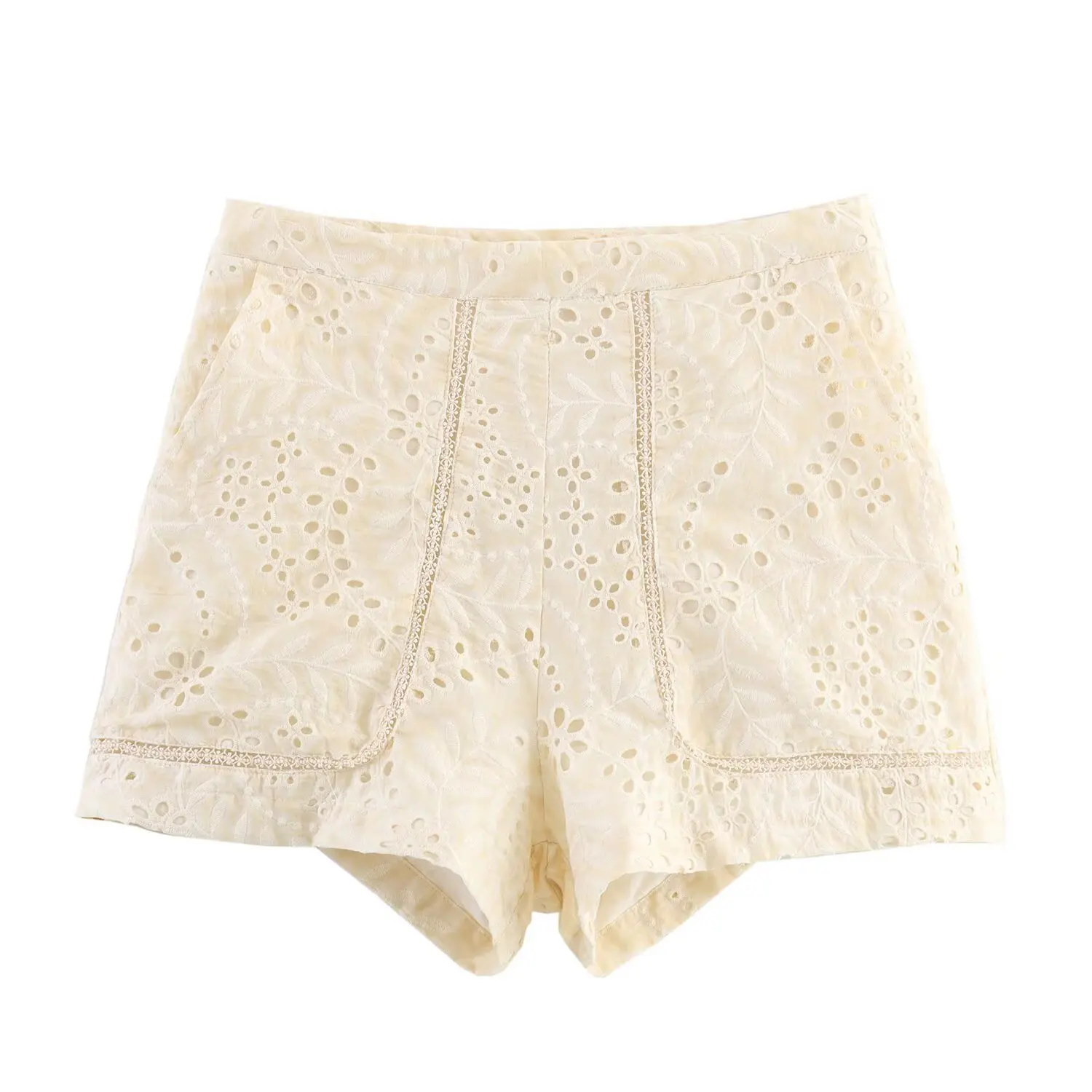 Women Hollow Out Embroidery V-Neck Long Sleeve Blouse&Elastic Waist Shorts Set Casual White Full Temperament Suit Ladies Outfit