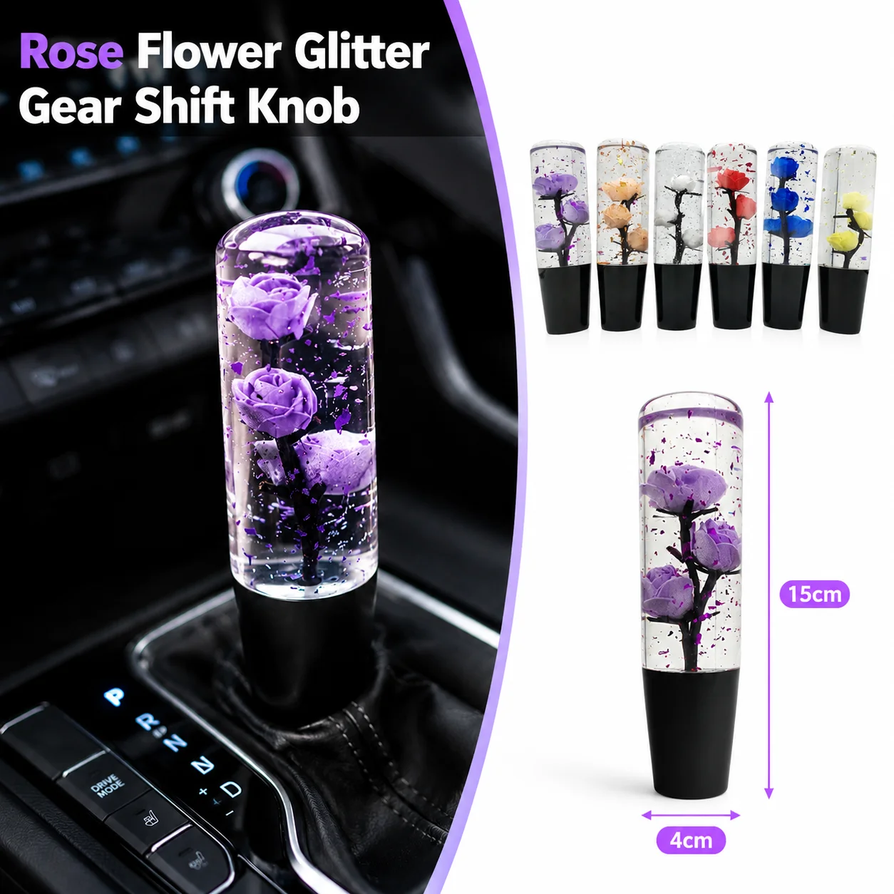 15CM Multicolored Roses Flower Gear Shift Knob Universal Acrylic Glitter Modified Gear Stick Shifter Knob