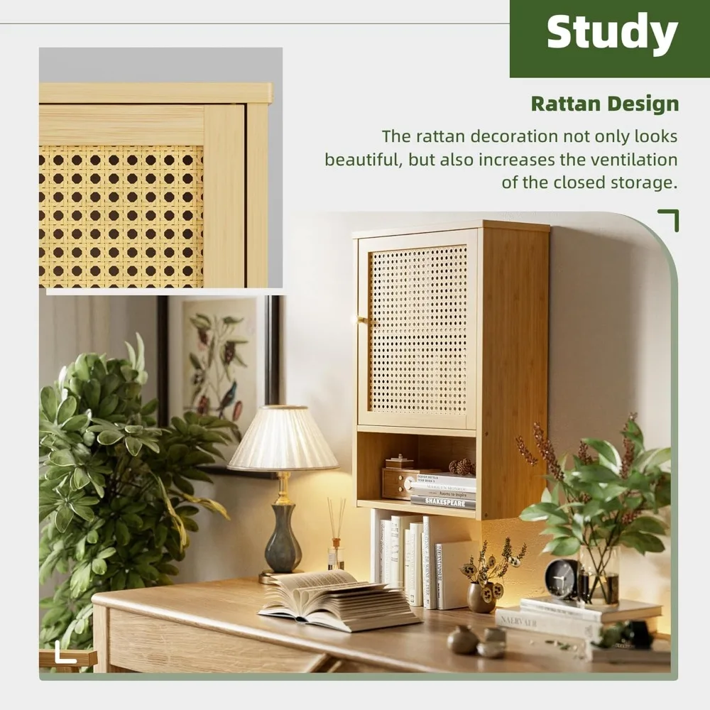 خزانة تخزين من الخيزران فوق المرحاض مع أبواب من الروطان ورف قابل للتعديل، ومنظم خزانة أدوية موفر للمساحة #6