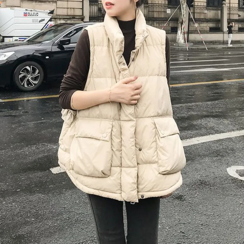 Autumn Winter Women\'s Down Jacket Vest Casual Stand Collar Pocket Wooden Ear Waistcoat Korean Sleeveless Female Outerwear