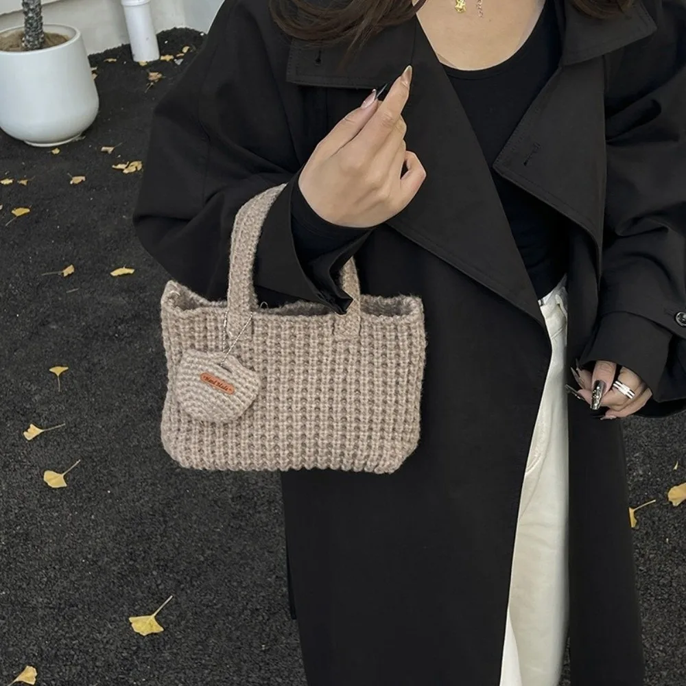 

Retro Classic Knitted Handbag Crochet Large Sized Cotton Thread Woven Bag Eco-Friendly With Small Purse Vintage Style Bag Gift