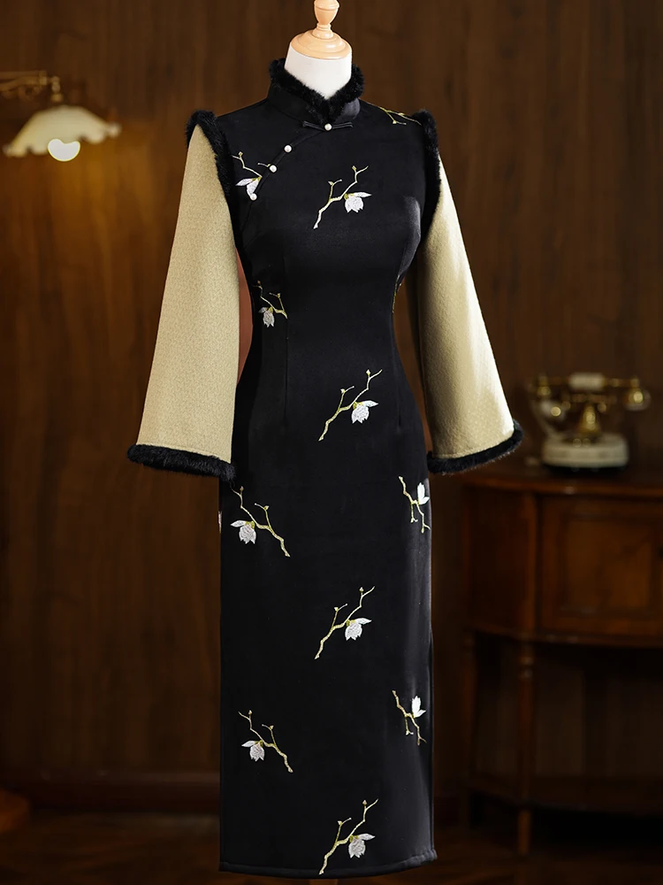 

Женское зимнее модное платье-ципао с длинным рукавом, утепленное флисом, классическое, для повседневной носки