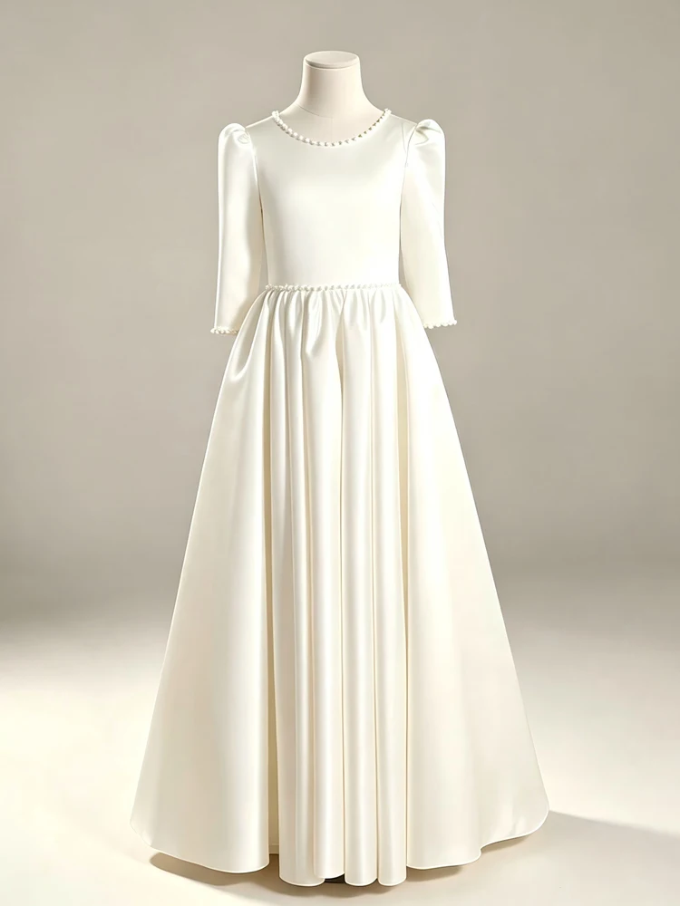 Girls Evening Dress White Mid-Sleeve Children's Birthday Flower Girl Wedding Girl Light Luxury Piano Playing Princess Dress