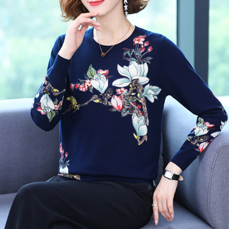 

2025 fall/winter new pullover long-sleeved hit color crane printing round neck knitted top women sweater