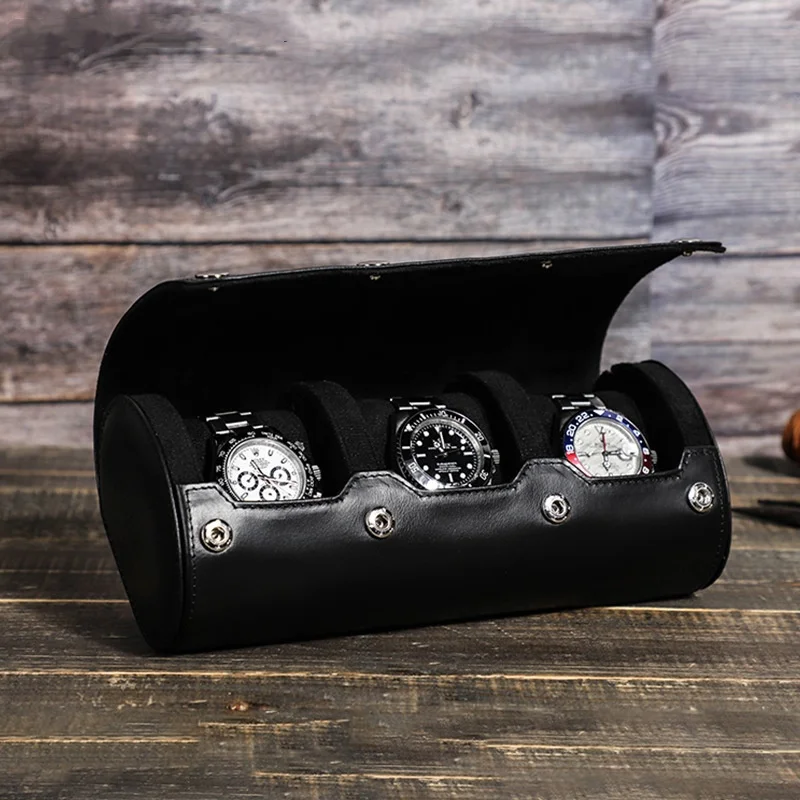 Genuine Leather Watch Box Portable Travel Wristwatch Storage Box Black Cowhide Dust-Proof  Drop-proof​ Storage Case