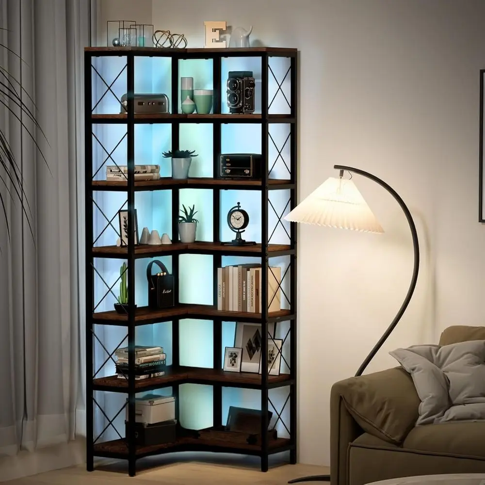 7 Tier Bookshel with Storage Tall Rustic Shel Stand with Light | 78.7”L shaped Shel Storage or Living Room, Study Room, Metal e