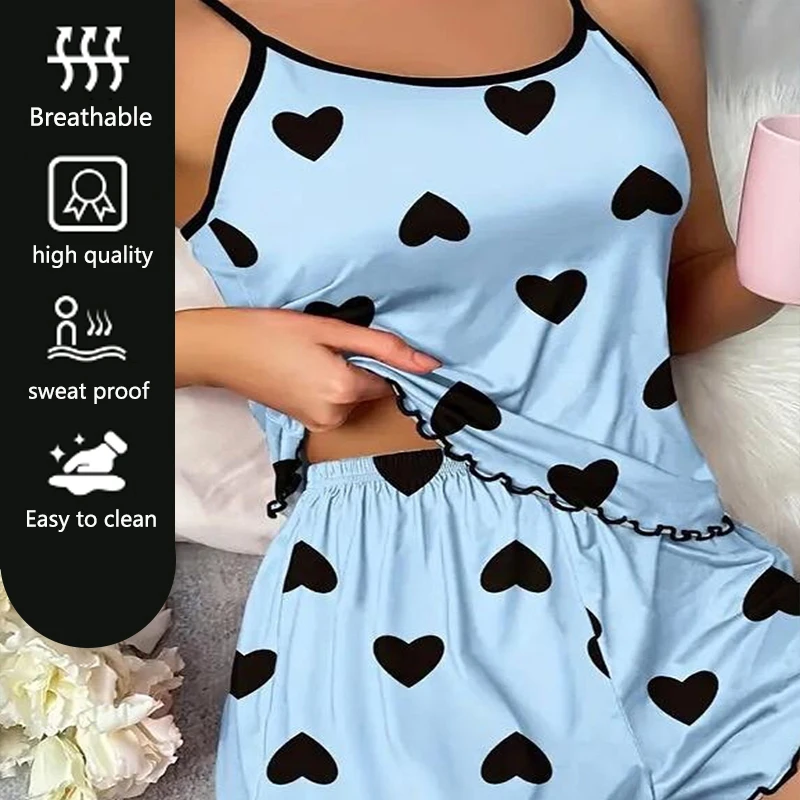 Women Pajamas Two Piece Sexy Casual Camisole Tank Top Shorts Set Strapless Halter Elastic Waist Shorts Blue Set S-Xl Girls Cloth