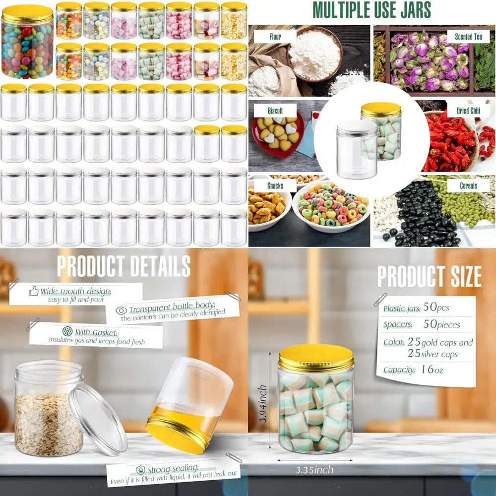 

Прозрачные пластиковые банки для хранения на 16 унций с герметичными винтовыми крышками — 50 упаковок пустых круглых контейнеров для еды и подарков