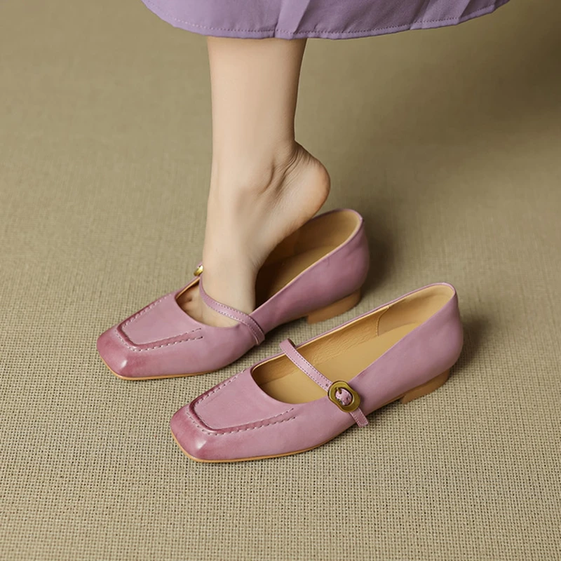 NEW Spring/Autumn Women Pumps Square Toe Low Heel Shoes Genuine Leather Shoes for Women Concise Buckle Strap Mary Janes Shoes