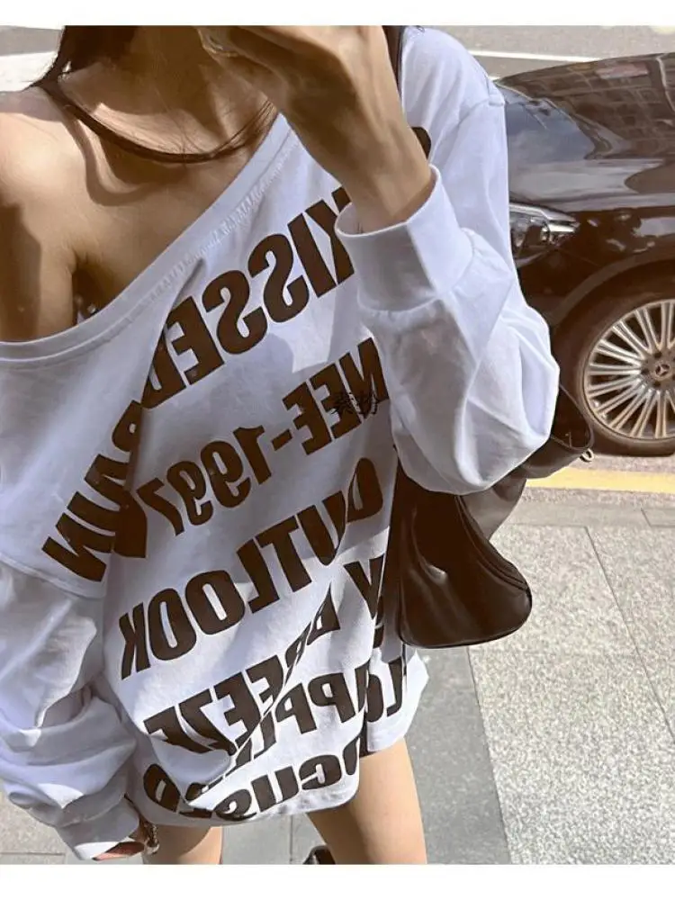 Tawaaiw American Retro Print Letter Pullovers Women Sweatshirts Long Sleeve Loose Korean Fashion Off Shoulder Hoodie Y2k Grunge