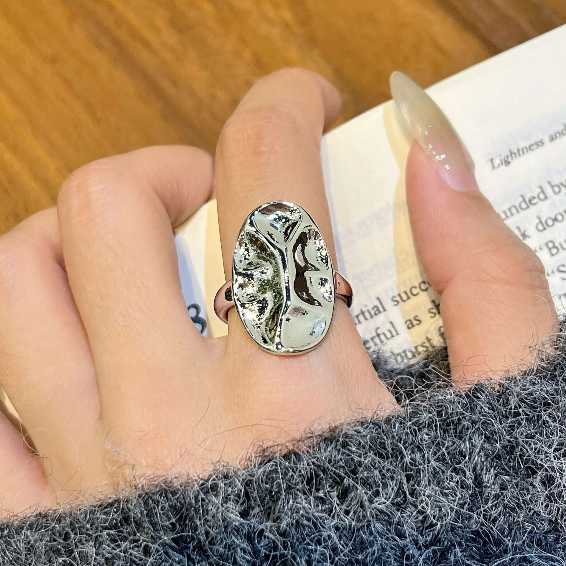 PANJBJ – bague froissée Ellipse en argent Sterling 925 pour femmes, géométrie texturée, lave liquide, Punk, bijoux ouverts, cadeau, livraison directe