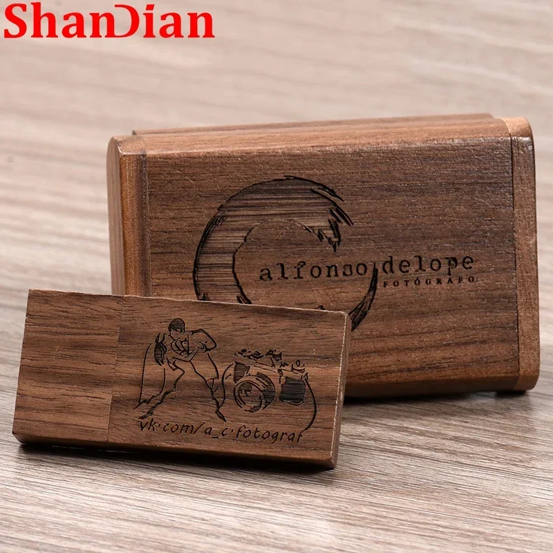 SHANDIAN Wooden USB flash drives 128GB Free Customized Logo Walnut Pen Drive 64GB Creative Flip Case Wedding Gift Memory Stick