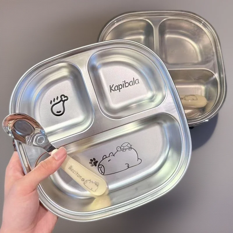 

Детская тарелка из нержавеющей стали, мультяшная тарелка для еды ребенка, портативная и разделенная коробка для бенто для студентов дома.