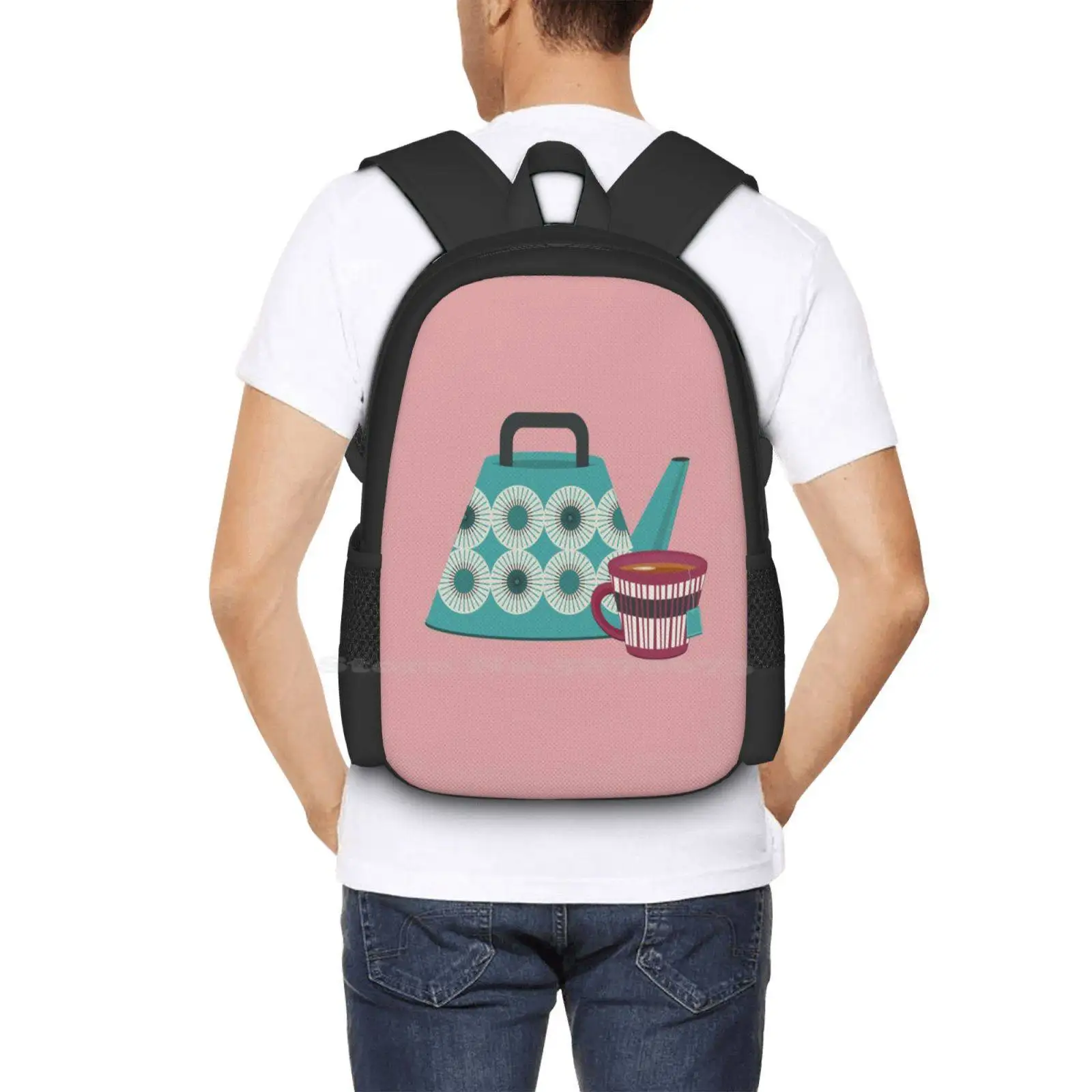 Mid-Century Modern Tea Time Backpack For Student School Laptop Travel Bag Midcentury Modern Teapot Retro Vintage Teacup