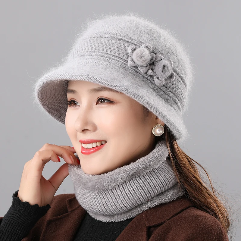 Warm Rabbit Hair Hat Elderly Mother Hat Autumn and Winter Women Bib Two-piece Set Simple Fashion Temperament Winter Basin Hat