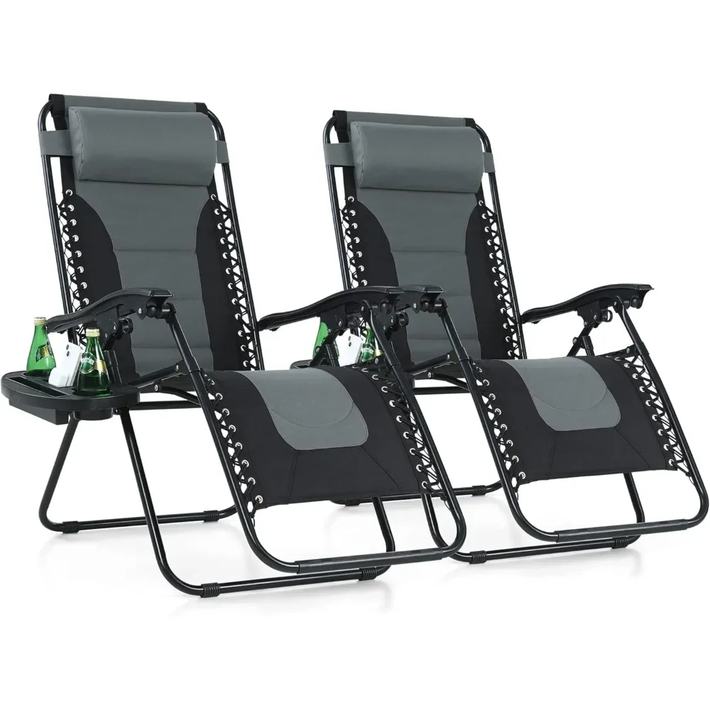 Set of 2 Padded Lounge Chair, Oversized Folding Patio Recliner with Adjustable Headrest & Cup Holder, Support 350 LBS