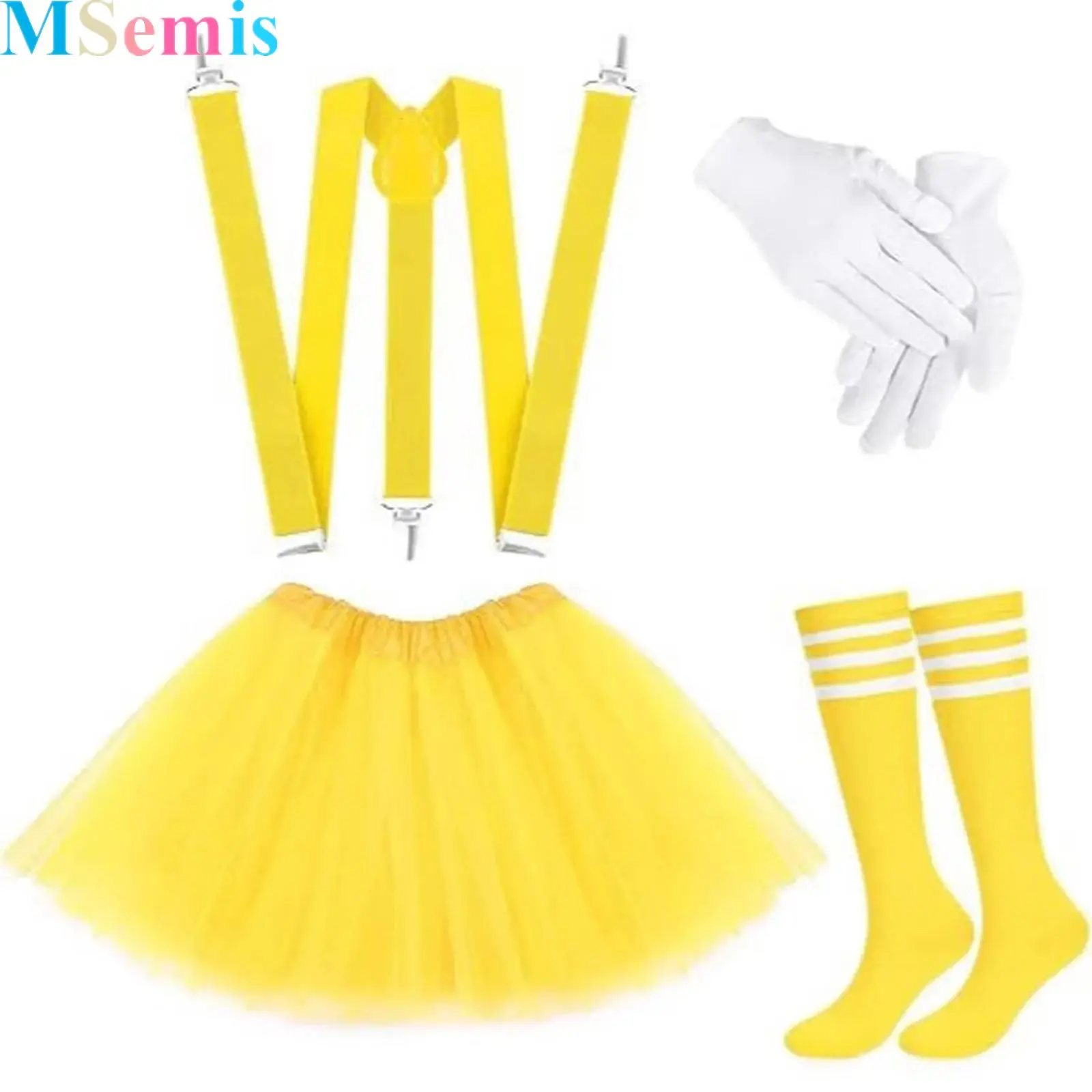

Women Tutu Skirt Suspenders Set for Y Shape Suspender Tube Stripe Socks And Gloves for Halloween Performances Costume