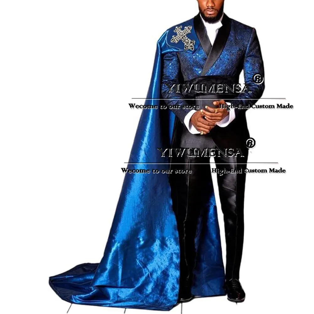 Royal Blue Man Wedding Tuxedo Prom Graduation Party Jacquard Blazer With Removable Cape Pants 3 Pieces Cosplay Suits Men Skinny