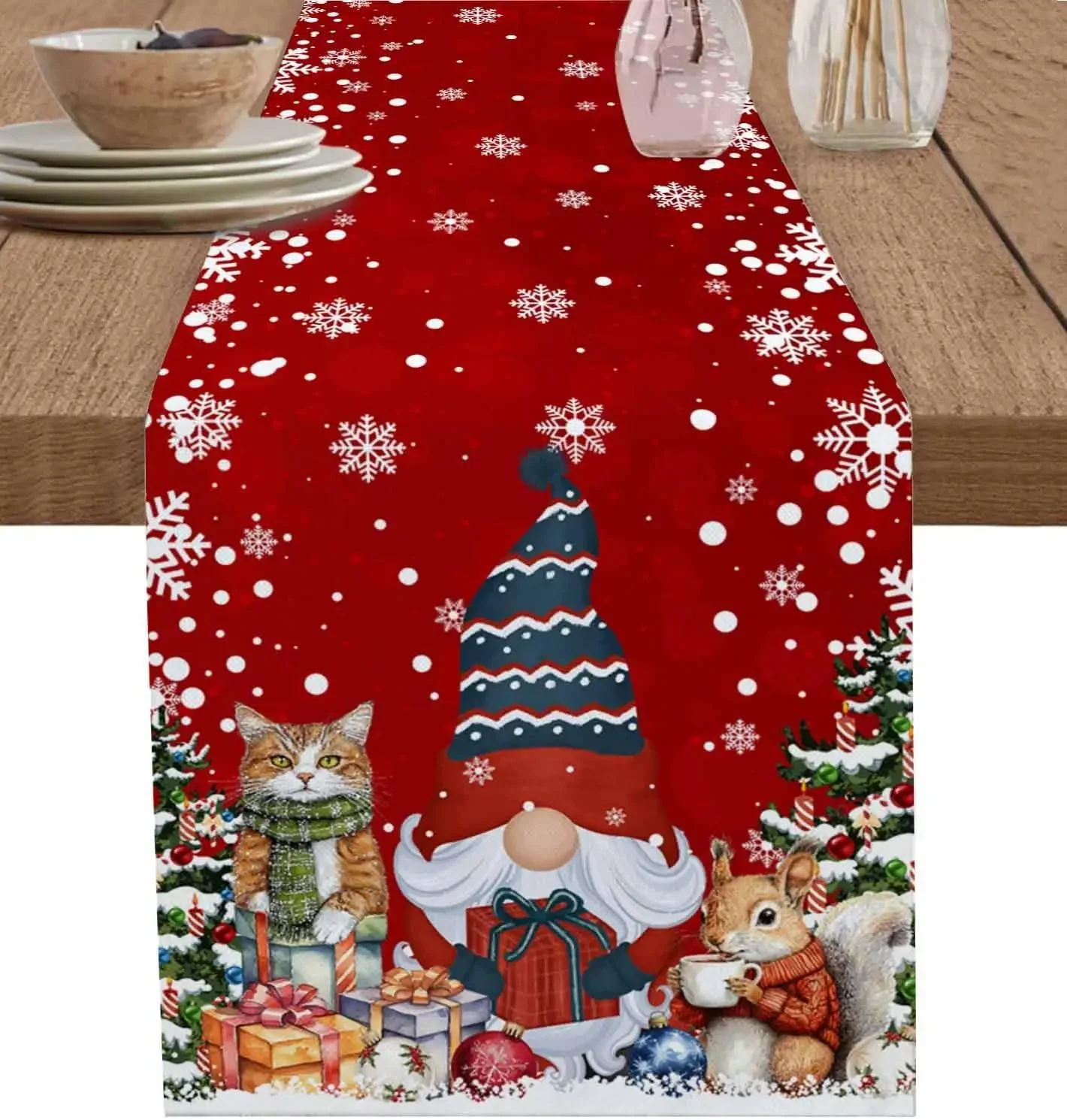 Christmas Pine Needles Candy Canes Linen Table Runner Party Decor Washable Winter Kitchen Dining Table Runners Xmas Decoration