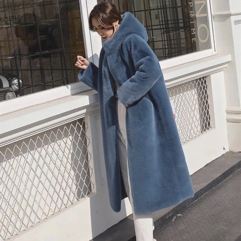 2023 New Women Winter Faux Coat Hooded Long Fur Coats Thick Warm Female Plush Loose Overcoat