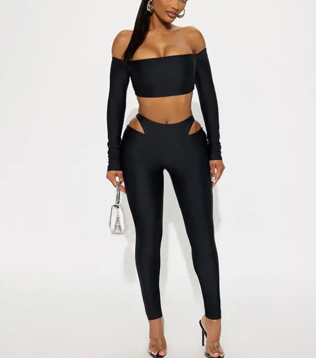 

Autumn New Women's Solid Color One Neck Off Shoulder and Navel Ultra Short Strapless Top and Waist Hollow Design Leggings Set